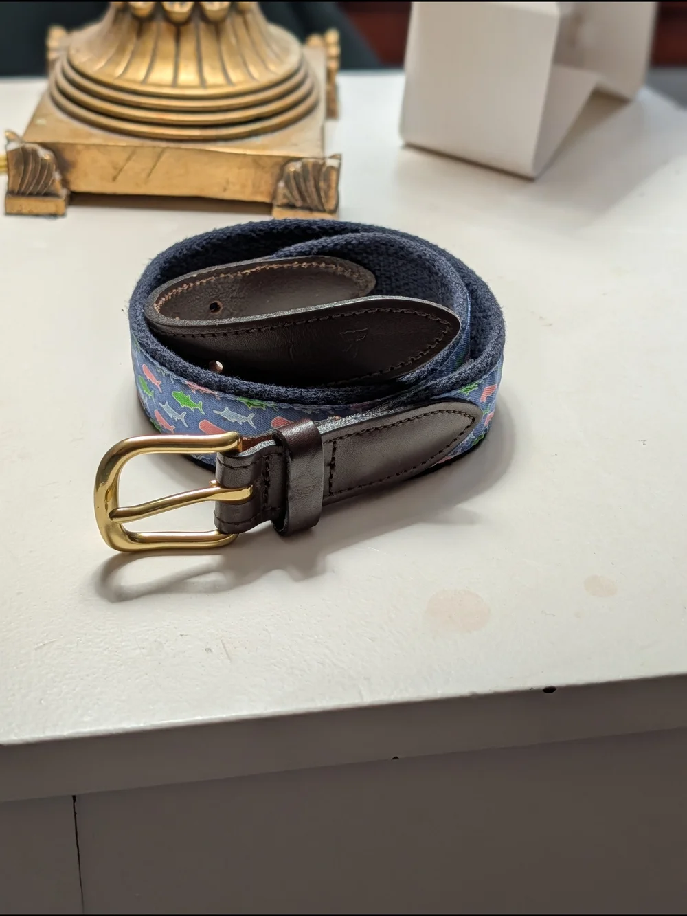 Vineyard Vines Kids Navy Fish Print Belt with Brass Buckle